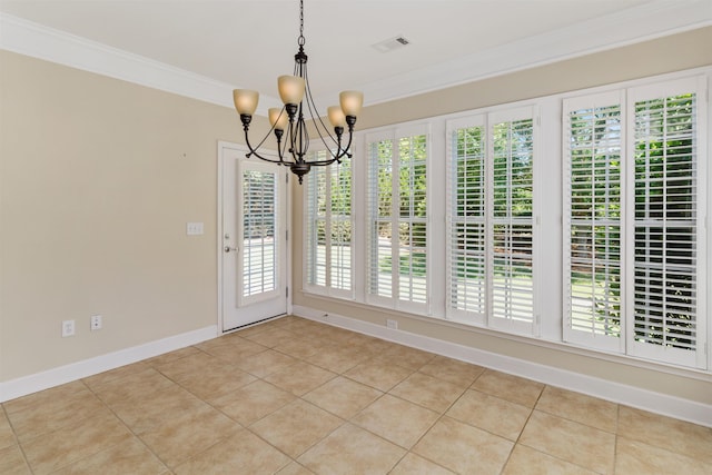 unfurnished dining area featuring an inviting chandelier, light tile patterned floors, and ornamental molding