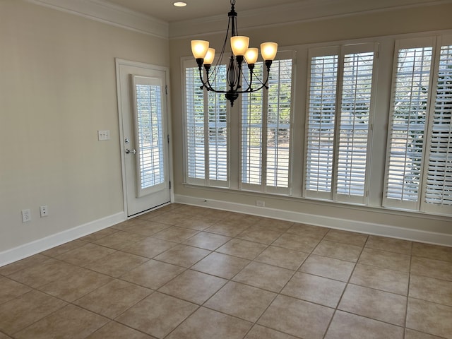 unfurnished dining area with ornamental molding, light tile patterned flooring, and a chandelier