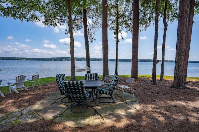 view of patio featuring a water view