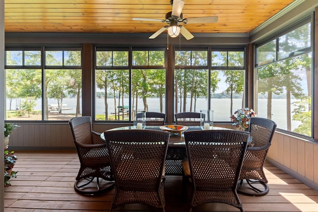 sunroom with a water view, plenty of natural light, and ceiling fan