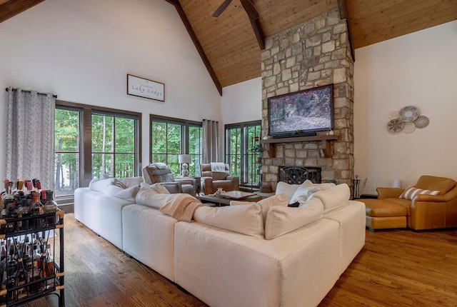 146 Long Island Dr, Eatonton, GA 31024 - living area featuring a wood ceiling with exposed beams, high vaulted ceiling, wood finished floors, a fireplace, and ceiling fan