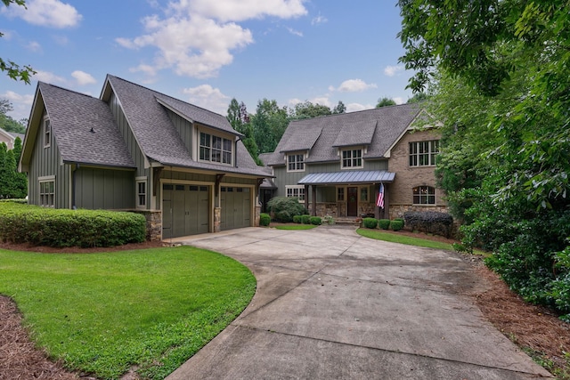 146 Long Island Dr, Eatonton, GA 31024 - view of front of home featuring a shingled roof, a front yard, driveway, board and batten siding, and stone siding