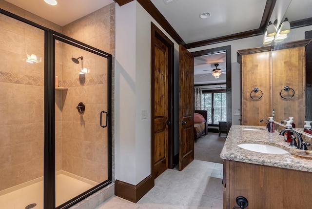 146 Long Island Dr, Eatonton, GA 31024 - ensuite bathroom with double vanity, crown molding, a stall shower, a ceiling fan, and recessed lighting