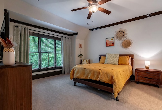 146 Long Island Dr, Eatonton, GA 31024 - bedroom featuring light carpet, crown molding, a ceiling fan, and lofted ceiling