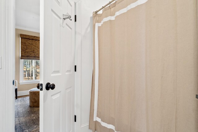 bathroom with ornamental molding and hardwood / wood-style floors