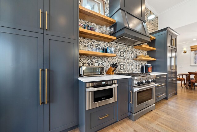 kitchen featuring decorative backsplash, custom exhaust hood, stainless steel appliances, crown molding, and light wood-type flooring