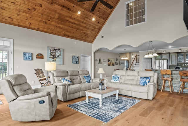 163 Knight Dr, Milledgeville, GA 31061 - living room featuring ceiling fan, high vaulted ceiling, stairs, wood ceiling, and a chandelier