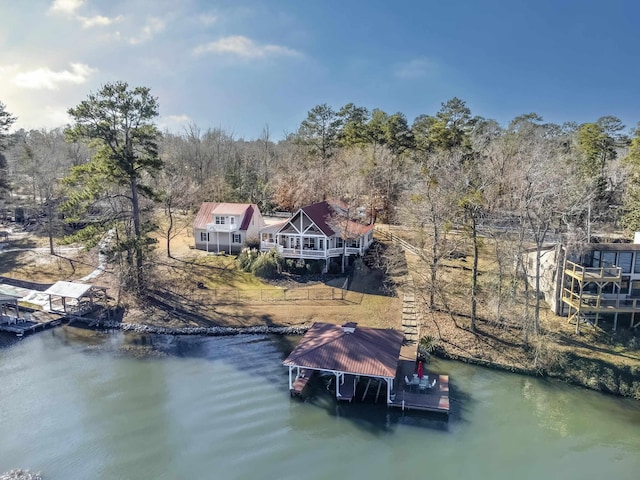 drone / aerial view featuring a water view