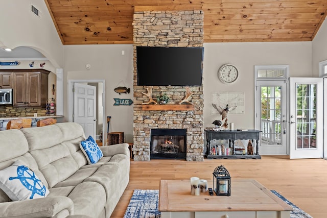 163 Knight Dr, Milledgeville, GA 31061 - living area featuring wooden ceiling, wood finished floors, a fireplace, and high vaulted ceiling