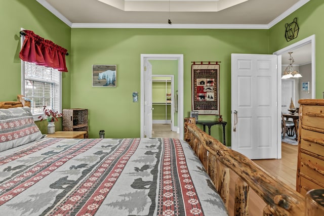 bedroom featuring crown molding, a spacious closet, a raised ceiling, and light wood-type flooring