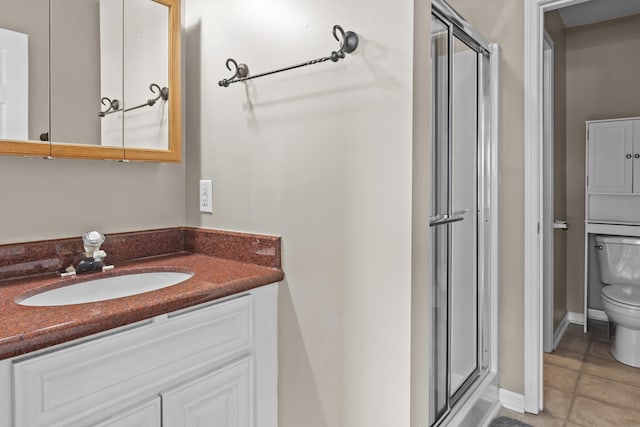 163 Knight Dr, Milledgeville, GA 31061 - full bathroom featuring a stall shower, toilet, vanity, tile patterned floors, and baseboards