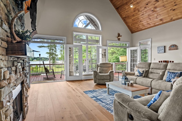 163 Knight Dr, Milledgeville, GA 31061 - living area featuring high vaulted ceiling, hardwood / wood-style flooring, a fireplace, wood ceiling, and a water view