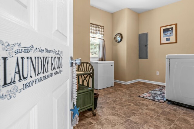 163 Knight Dr, Milledgeville, GA 31061 - laundry area with electric panel, washer / dryer, stone finish floors, and baseboards