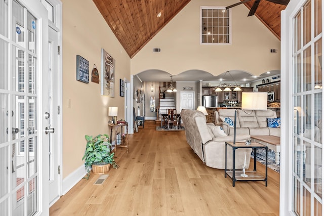 living room featuring wood ceiling, high vaulted ceiling, and light hardwood / wood-style flooring