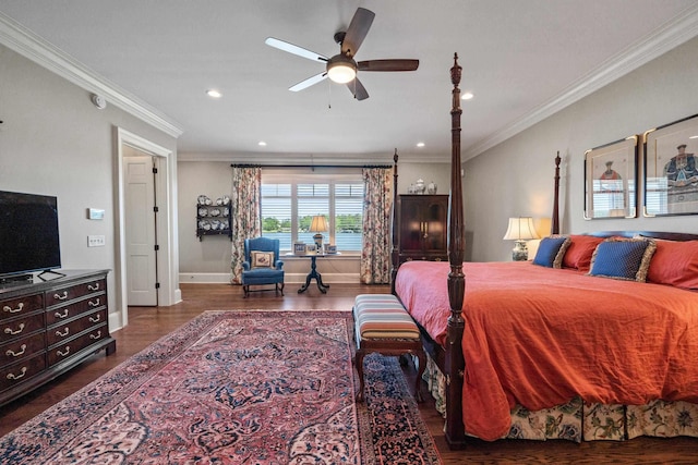 bedroom featuring dark hardwood / wood-style flooring and ornamental molding