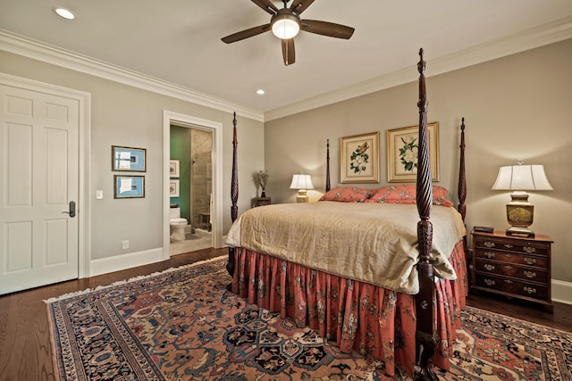 bedroom featuring crown molding, ceiling fan, ensuite bathroom, and dark wood-type flooring