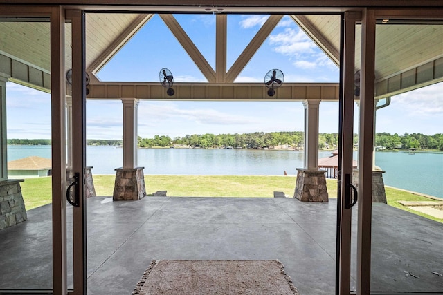 view of patio featuring a water view