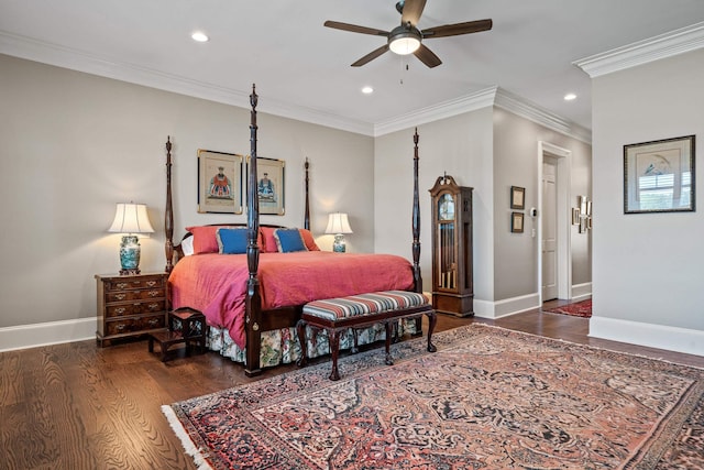 bedroom with ornamental molding, dark wood-type flooring, and ceiling fan