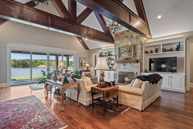 living room featuring a water view, a stone fireplace, dark hardwood / wood-style flooring, and beamed ceiling