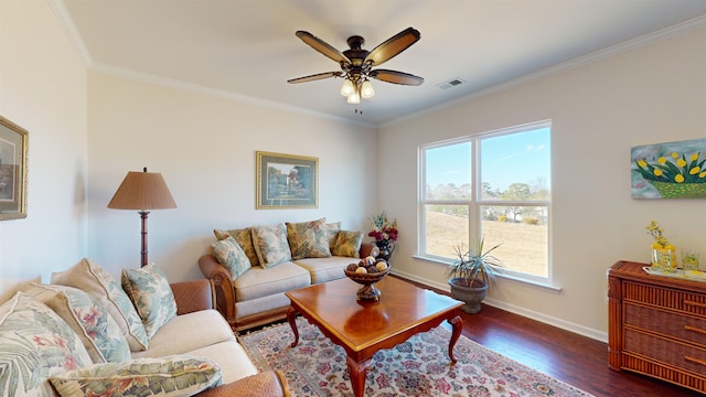 living room featuring ornamental molding, dark hardwood / wood-style floors, and ceiling fan