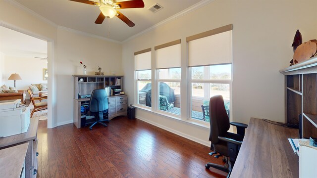 home office with crown molding, dark wood-type flooring, and ceiling fan