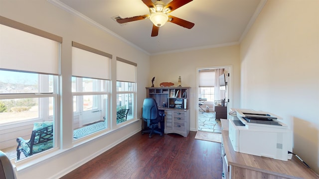 office with ornamental molding, dark hardwood / wood-style floors, and ceiling fan