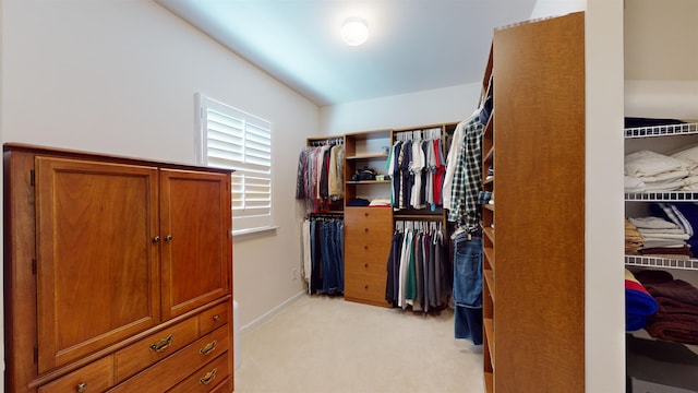 spacious closet featuring light colored carpet