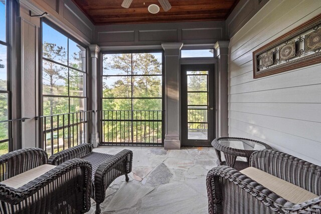 1611 Pine Grove Rd, Greensboro, GA 30642 - sunroom / solarium featuring wooden ceiling and ceiling fan