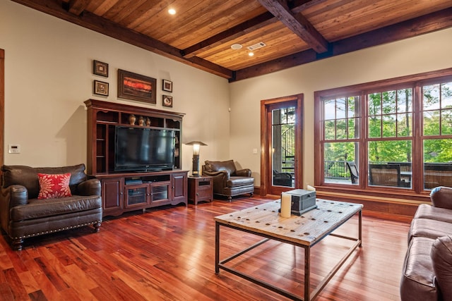 1611 Pine Grove Rd, Greensboro, GA 30642 - living room featuring beam ceiling, wood-type flooring, and wood ceiling