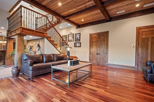 1611 Pine Grove Rd, Greensboro, GA 30642 - living room featuring beamed ceiling, wood-type flooring, and wooden ceiling