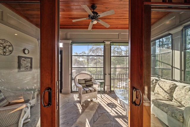 1611 Pine Grove Rd, Greensboro, GA 30642 - sunroom with wood ceiling, ceiling fan, and lofted ceiling