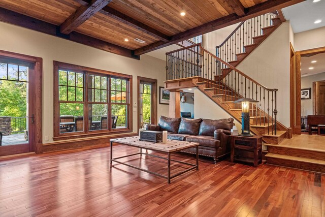 1611 Pine Grove Rd, Greensboro, GA 30642 - living room with hardwood / wood-style floors, beam ceiling, and wooden ceiling