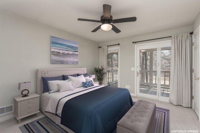 bedroom featuring visible vents, a ceiling fan, access to outside, carpet, and baseboards