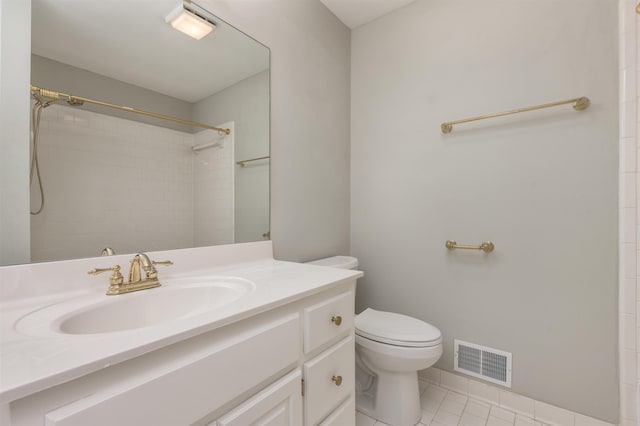 full bath featuring tile patterned floors, visible vents, toilet, walk in shower, and vanity