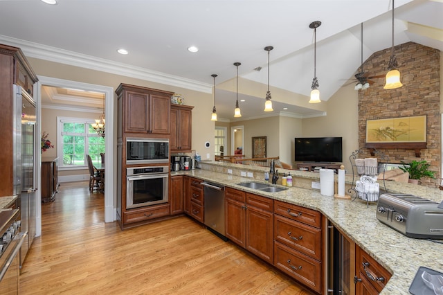 1051 Swift Crk, Greensboro, GA 30642 - kitchen with appliances with stainless steel finishes, a sink, beverage cooler, light wood-style floors, and lofted ceiling