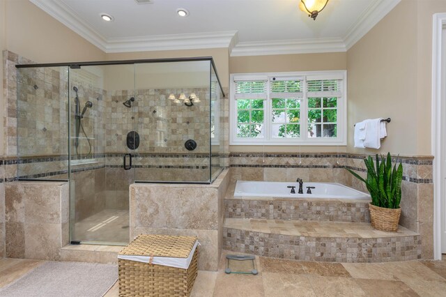 1051 Swift Crk, Greensboro, GA 30642 - full bath featuring a bath, a shower stall, ornamental molding, and recessed lighting