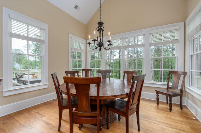 1051 Swift Crk, Greensboro, GA 30642 - dining room featuring vaulted ceiling, light wood finished floors, a chandelier, and healthy amount of natural light