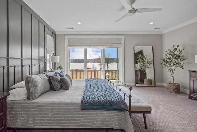 carpeted bedroom with access to exterior, baseboards, visible vents, and ornamental molding