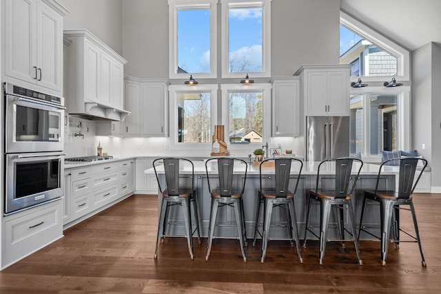 kitchen featuring a kitchen island, white cabinetry, stainless steel appliances, and dark wood finished floors