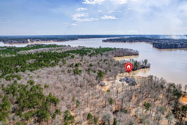 birds eye view of property with a water view and a wooded view