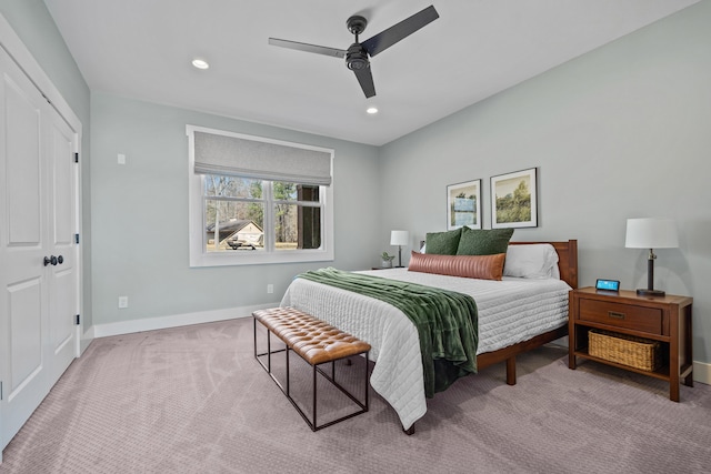 carpeted bedroom with recessed lighting, ceiling fan, and baseboards