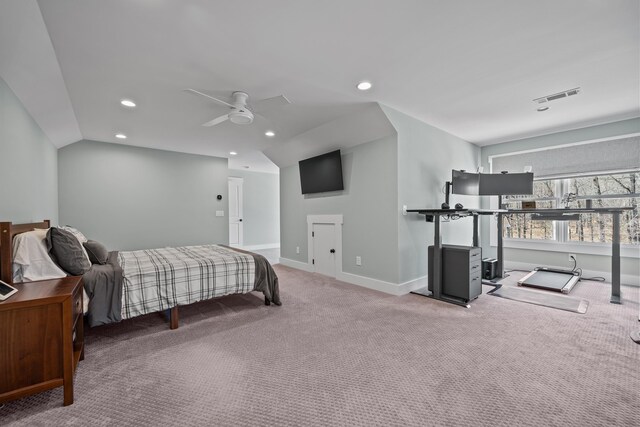 carpeted bedroom featuring recessed lighting, visible vents, vaulted ceiling, ceiling fan, and baseboards