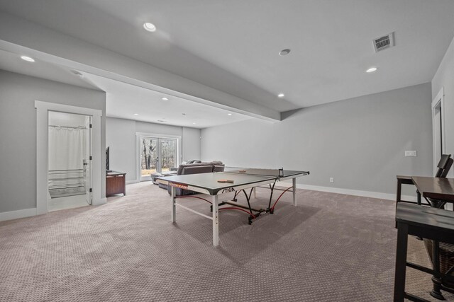 playroom featuring recessed lighting, baseboards, visible vents, and carpet flooring