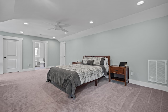 carpeted bedroom featuring recessed lighting, visible vents, and baseboards