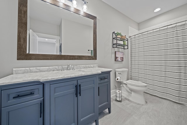 full bathroom featuring toilet, a shower with curtain, tile patterned floors, and vanity