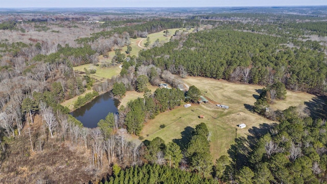 birds eye view of property with a water view and a wooded view