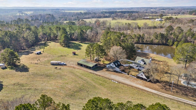 aerial view featuring a water view and a rural view