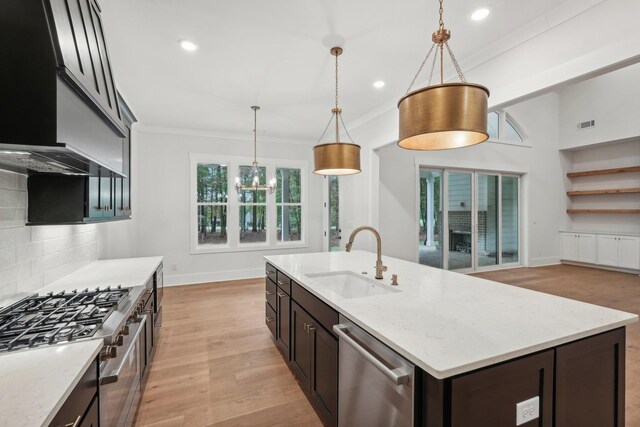 kitchen with decorative backsplash, appliances with stainless steel finishes, crown molding, and a sink