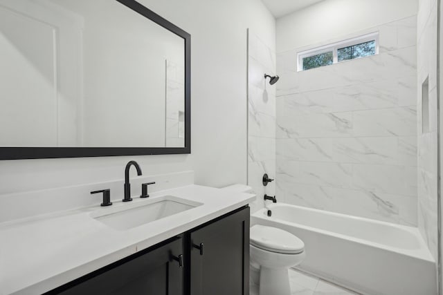 bathroom with shower / bathtub combination, toilet, marble finish floor, and vanity