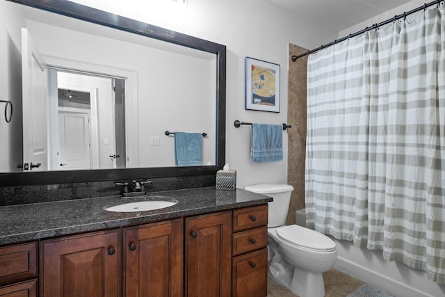 full bathroom featuring vanity, shower / bathtub combination with curtain, tile patterned floors, and toilet